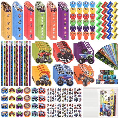 Ulema 24 Pack 216Pcs Monster Truck Party Favors , Race Car Themed School Stationery with Sticker Stamper Eraser Ruler Bulk for School , Stuffers Pinata Filler Supplies Classroom Prize