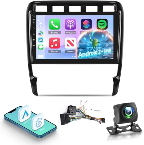 [2+64 Go] Autoradio Android pour Porsche Cayenne 2003-2010 avec Carplay sans Fil et Android Auto - Autoradio à écran Tactile 9 Pouces avec WiFi, DSP, égaliseur, Radio FM/RDS + Caméra de Recul AHD