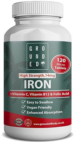 Grounded Iron Supplement with Vitamin C, Folic Acid & Vitamin B12 | 120 Micro Tablets, 4 Month Supply | Vegan-Friendly & Made in The UK
