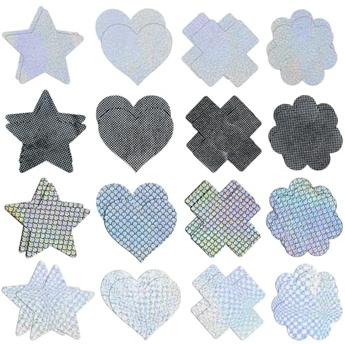 Asaisimg 16 Paires De Cache-Tétons À Paillettes Pour Femme, Autocollants En Satin Polyester En Forme De Cœur, Étoile, Prune Et X, Taille Unique 7 Cm