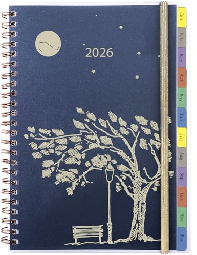 Agenda 2026 Semainier A5 Spirale, Planner avec Onglets Mensuel, Poche Arrière, Pages de Mots de Passe, Contact, Notes, Planificateur Hebdomadaire Jan.26 à Déc.26, pour Familial Scolaire Bureau
