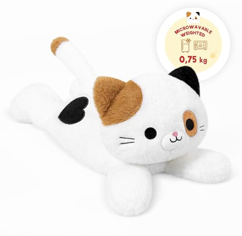 shownicer Wärmekissen Stofftier Katze 0,75KG Wärme-Kuscheltier Mikrowellen-Erwärmbarer Gewichtstiere Plüschtier Spielzeug für Erwachsene Kinder (40cm, Weiß)