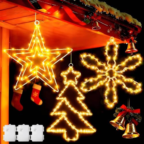 Dekofun Fensterdeko Weihnachten Beleuchtet 3 Stück Großes Metall Stern/Baum/Schneeflocke Fenster Beleuchtet Hängend Batteriebetrieben mit Timer, Wasserdichtes Leuchtstern Fenster für Außen Innen Deko