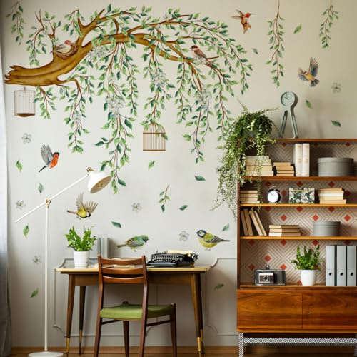 Runtoo Wandsticker zum Aufhängen, großer Baum, Weinblätter, Vögel, grüne Zweige, für Wohnzimmer, Schlafzimmer