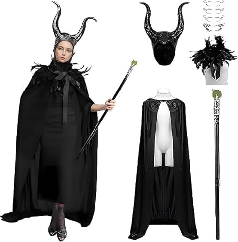 Zophlly Hexen Kostüm Damen mit Hörnern Gothic Feder Schalkragen Halloween | Verkleidung Set für Erwachsene, Grusel Party Outfit mit Accessoires, Königin Stil Karneval Fancy Dress