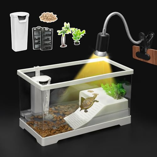 AZV Small Turtle Tank Kit,Turtle Starter Habitat with Filter, Filter Plates,Basking Platform,Light,Stone,Plants,Durable PC Indoor Aquarium for Red Eared Sliders, Baby Tortoises and Small Aquatic Pets