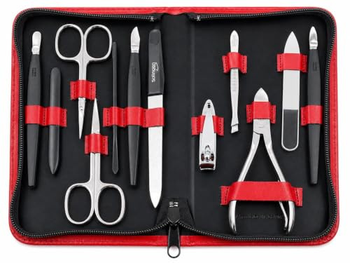 Maniküre Set 12-teilig mit Solingen Instrumenten, Echtleder-Etui Made in Germany, Nagelset für Damen und Herren, Hand- und Fußpflege Rot Glatt
