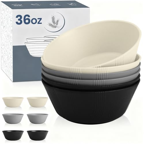Wrova Plastic Large Bowls 36oz - Unbreakable Plastic Bowl Set of 6 Serving Bowls Set for Salad, Ramen, Fruit, Reusable Deep Bowls Microwave and Dishwasher Safe for Kitchen, Camping - Greystone