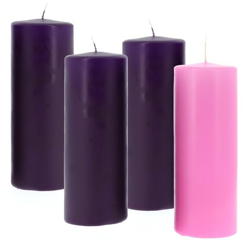 SHALOM - Vela de liturgia en paquete de 3 velas moradas + 1 cera rosa. Dimensiones 7 x 19 cm