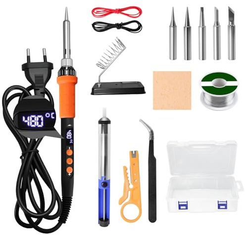 TUOLNK Fer à Souder 90W LCD, Chauffage 10s, 180-480°C, Kit 15-en-1 avec 5 Pointes, Étain, Pompe à Désouder | pour Électronique, PCB, DIY