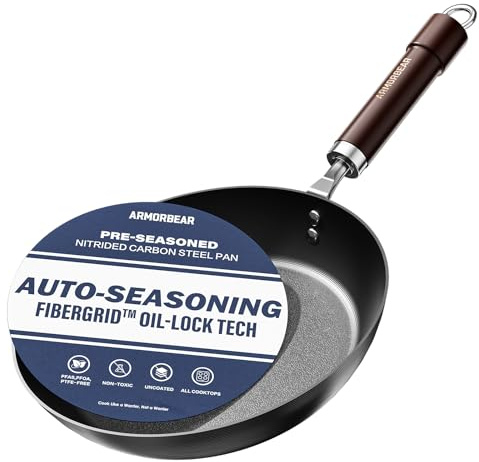 Armorbear 25cm Auto-Seasoning Nitrided Carbon Steel Pan | Pre-Seasoned, PFAS & PFOA-Free, Wooden Handle, Professional Skillet for Induction Stovetops & Daily Searing
