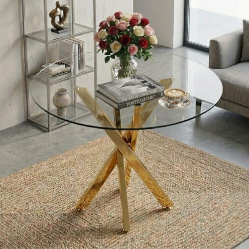 Mesa de comedor redonda de cristal, 80 x 80 x 75 cm, mesa de comedor moderna, mesa redonda de cristal, mesa de cristal templado, patas doradas cromadas, mesa de cocina redonda para cocina, salón