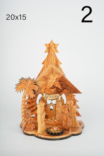 Handgeschnitzte Weihnachtskrippe aus Olivenholz mit Spieluhr, Betlehem, 20x15 cm