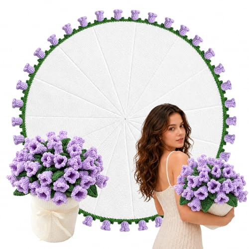 Crochet Flower Bouquet Throw Blanket, Handmade Cozy Soft Knitted Blanket with Lily of the Valley, Cute Romantic Gift for Her & Girlfriend & Mom Valentine Wedding Anniversary Birthday (Purple 43in)