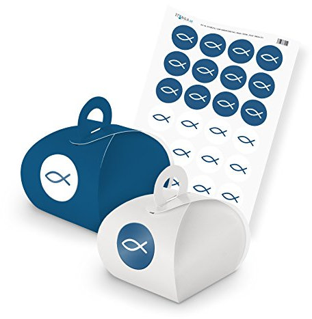 itenga SET Fisch 24x Gastgeschenk Geschenkschachtel mit Griff + Stickerbogen für Kommunion, Konfirmation, Taufe, Firmung