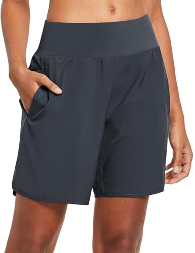 baleaf Womens' 7 Long Running Shorts Back Zipper Pocket Lightweight Quick Dry Athletic Shorts with Liner Grey Size M