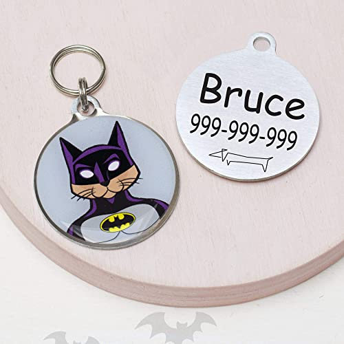 Snout Fashion Batcat, Edelstahl Etikett ID Tag für Katzen - Bat Man in der Welt der Katzens, Personalisierte ID-Tags