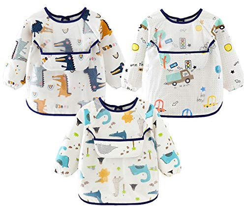Discoball 3 Pcs Baby Bibs with Sleeves Waterproof Feeding Bib Unisex Baby Dribble Bibs Painting Apron Bibs Adjustable Closure with Large Pocket for Infant Toddler 6 Months to 3 Years Old