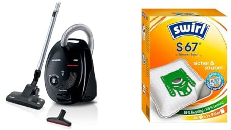 Siemens Z 3.0 Extreme Power Bodenstaubsauger mit Beutel VSZ3XTRM11, 850 Watt, schwarz & Swirl S 67 MicroPor Plus Staubsaugerbeutel | Dauerhaft hohe Saugleistung | 4 Stück inkl. Filter