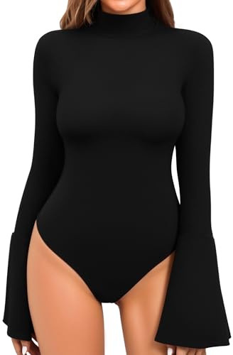 MANGOPOP Bell Sleeve Mock Neck Long Sleeve Bodysuit for Going Out Tops for Women, Black, X-Large