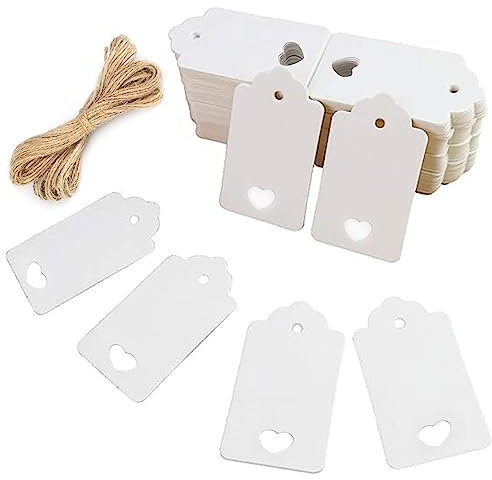 FAMIDIQGO Weißer hängender Tag mit Herz, 100 Stücke Geschenketiketten mit 20m Juteseil, weiße Etikettenkarte mit Herz, Hochzeitsgeschenk mit Juteseil für Weihnachten(9x4cm)