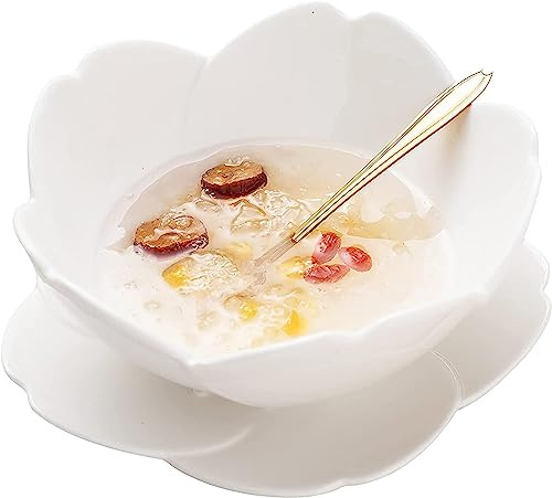KKGUD Ciotola da portata carina in ceramica da 6 pollici con piattino e cucchiaio, ciotola a forma di fiori di ciliegio 16oz (bianco)