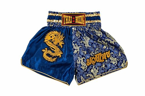 MUAY NATION Pantaloncini Muay Thai per Uomo e Donna, Pantaloncini da Boxe MMA dal Taglio Slim, Abbigliamento da Allenamento per Kickboxing (IT, Testo, XL, Regular, Regular, Drago Blu)