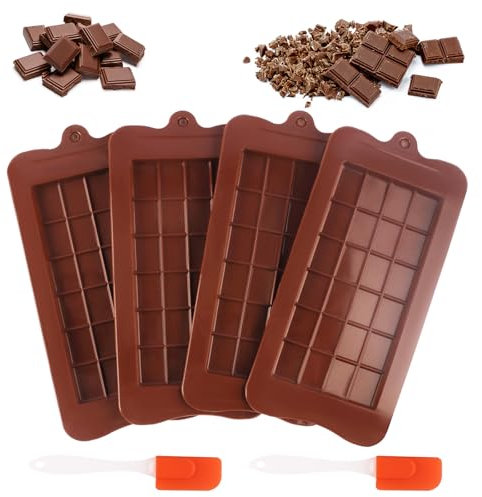 4 Stück Schokoladenform, Braune Schokoladenformen mit Zwei Silikonschabern, Schokoladenform Tief, Schokoladenformen Braun Süßigkeiten Silikonform Set, Silikon Schokoladenform Tafel für DIY