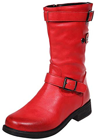 Stivali invernali da donna di media altezza, imbottiti e impermeabili, con punta quadrata, chiusura a strappo laterale, tacco corto, mezzo stivale antiscivolo e resistente all'usura, Colore: rosso, 42