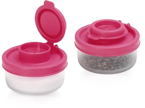 SIGNORAWARE - Juego de 2 saleros y pimenteros a prueba de humedad, pequeños saleros para ir de camping, picnic, al aire libre, cocina, loncheras, viajes, especias, transparente con cubiertas rojas,