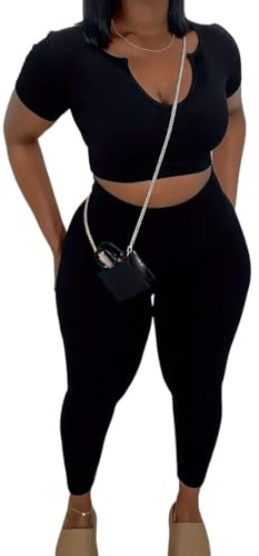 Nimsruc 2Pc Outfits Women Short Sleeve Crop Top Leggings Set Black L