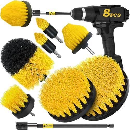 8 Piece Drill Brush Attachments Set, Power Scrubber with Extend Long Attachment, Cleaning Supplies for Bathtub, Shower, Grout, Tile (Yellow)