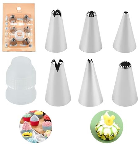 Piping Nozzles Kit 6 Pcs with 1 Coupler, Stainless Steel Piping Bags and Nozzles Set, Reusable Piping Tips Cake Decorating Tools for Cupcakes Cream Baking Decorating