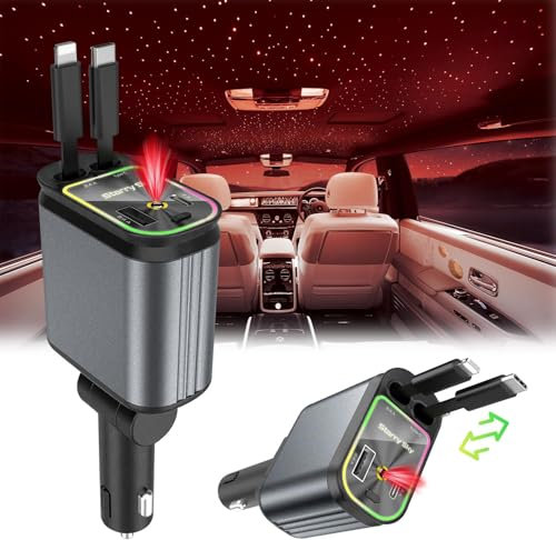Cargador Retráctil para Coche con Proyección de Estrellas, 4 en 1 Adaptador de Carga Rápida para Coche,Cargador de Coche Retráctil Compatible con iPhone/Samsung Galaxy/Google Pixel/Hua Wei/Tablet