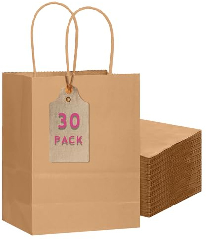Gcardist 30-Packs Brown Gift Bags with Handles 11x5x8 Medium Size Kraft Present Paper Bags(27x20x12cm)