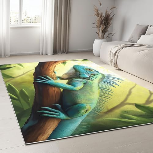 Generisch Teppich Dschungel-Grüne Eidechse 140x200 cm Dekoration Schlafzimmer Kinderzimmer Wohnzimmer, Modern rutschfest Waschbar Flanell Kinderteppiche Fußmatten