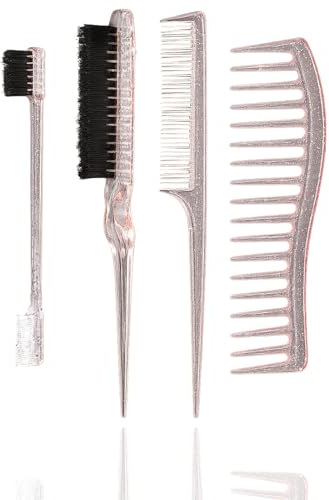 Flomiara 4PCS Hair Styling Comb Set, Double Sided Edges Brush, Teasing Hair Brush Rat Tail Comb, Combs for Women, Edge Control, Plastic Bristle, for Home, Hairdressers, Translucent Pink Silver