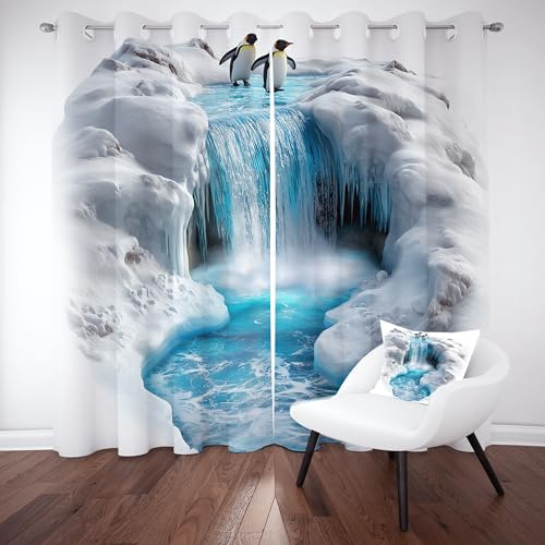 Meugesoi Manchot Animal Antarctique Rideau Occultant Thermiques 2 Pièces L140 x H200 CM, Nature Glacier Rivière Rideaux Opaque Isolant Anti Froid Rideau Isolation Phonique pour Chambre, Salon