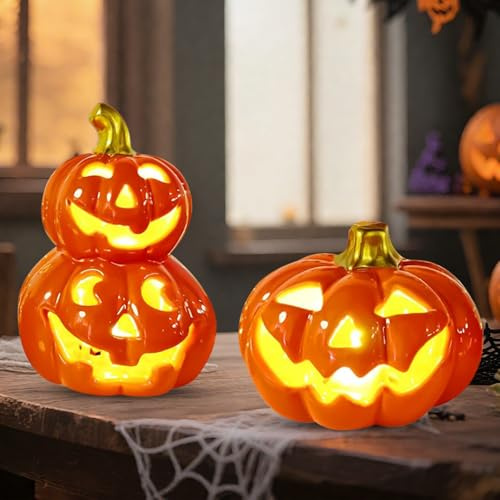 Herbstdeko Kürbis,halloween kürbis beleuchtet,Kürbis Laterne aus Keramik | Halloween Kürbis LED Deko Outdoor,Kürbis Lampe,für Innen Außenlaterne Halloween Dekorationen