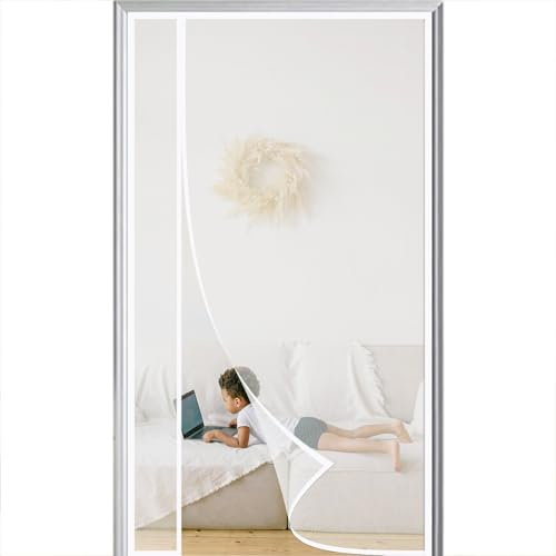 Side Opening Mosquito Net Door 80x200cm Side Opening Magnetic Fly Screens for Doors Magic Paste Curtains with Powerful Magnets & Full Frame Magic Tape Keep Insects Out White