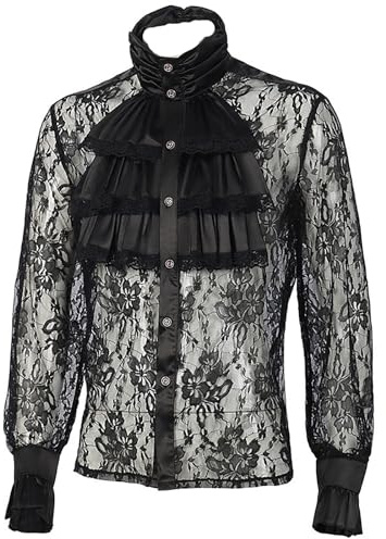 Mens Steampunk Gothic Shirt Lace Floral Medieval Shirts Men's See Through Blouse Frilly Collar Retro Shirt Victorian Button Down Shirts Long Sleeve Retro Tops Renaissance Costume for Cosplay