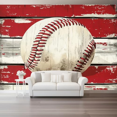 Papel tapiz fotográfico 250 x 175 cm Revestimiento de paredes decoración de salón Diseño Deportes Béisbol Retro para dormitorio, sala de estar, papel tapiz no tejido, decoración de pared, Rojo Blanco