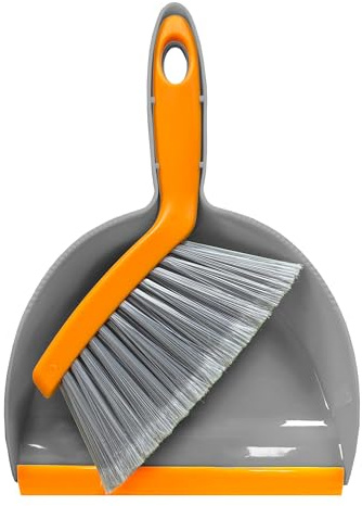 Mini Broom with Dustpan Combo Set Small Dust pan and Brush Set Quick Cleanup Debris Dust for Floor Countertop Worktop Desk Pet Cage (Grey+Orange)