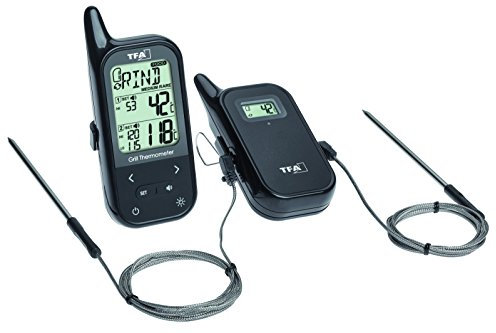 TFA Dostmann Digitales Grillthermometer Funk TWIN, 14.1511, Fleischthermometer, Küchen-Chef, Grill Zubehör zwei Einstichfühlern, Fleischsorten programmiert, Ofen-/ Kerntemperatur, BBQ, Alarm, schwarz