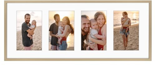 Golden State Art, 4x6 Aluminum Collage Frame, Displays 6x4 Pictures With 4 Openings Mat or One 8x20 Photo, Real Glass, Portrait/Landscape Wall Display, Gold, 1 Pack