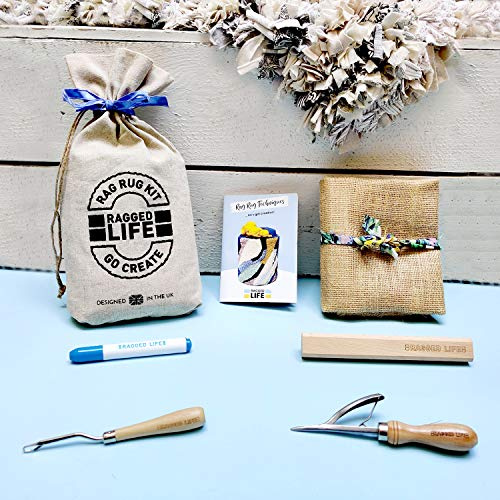 Rag Rug Kit 'Easy Peasy' with Spring Tool - 100 x 60cm Rug Hemmed Hessian, Best for Beginners, All Tools Included