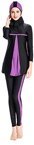 Lazzboy Frauen Muslimischen Badeanzug Mit Cap Printing Beachwear Bademode Muslimische Damen, Hijab-Schwimmanzug, Badeanzug, Sportkleidung(Lila,M)