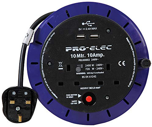 Pro Elec PEL00802 10A 2-Gang Cassette Reel mains Extension with 2x USB Charging Ports, 10 m
