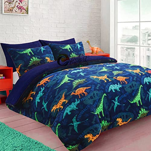 Comfort Collections Teddy Bear Fleece Dinosaur Duvet Cover Set With Matching Pillow Case Cozy Warm Winter Kids Bedding Single