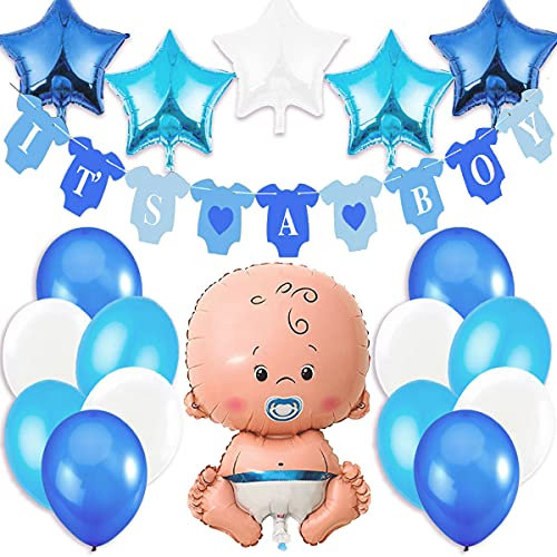 Decorazioni Festa Nascita Bambino. Festone é MaschioIt's A Boy+1 Palloncino Blu a Bimbo,Neonato,Maschietto + 5 Palloncini a Stella +12 Palloncini. Accessori Battesimo e Baby Shower